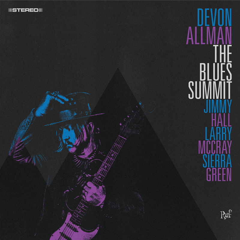 A dark cover features a shadowed Devon Allman in a hat, rendered in purple and blue tones against a black background. Vertical typography on the right lists The Blues Summit with artist names.