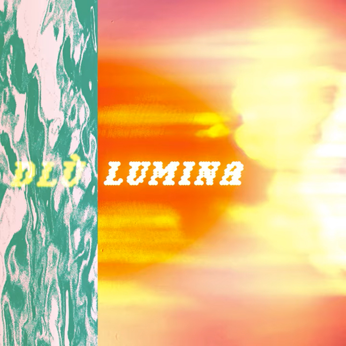 Dlù Lumina cover artwork. An abstract cover split into two contrasting sections. The left side features a vertical band of marbled teal and white, with faint, blurred yellow lettering partially visible. The right side glows in orange, pink, and gold.