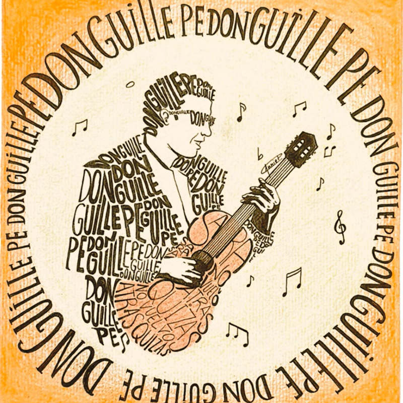 Donguille.pe No Vuelvo Atrás cover artwork. The album cover features a hand-drawn illustration of a person playing a classical guitar, with the figure formed almost entirely from repeated black typography spelling the artist's name. The guitar is lightly tinted in pink, while scattered musical notes float around the musician.