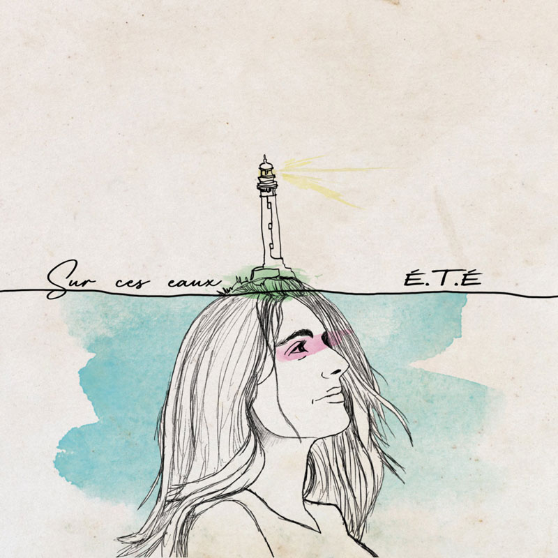 The album cover for Sur ces eaux by É.T.É features a delicate, hand-drawn illustration blending realism and minimalism. A woman's face, depicted in fine black lines with flowing hair, emerges from a watercolor-like blue expanse. Her serene expression is complemented by a soft blush on her cheeks. Above her head, a lighthouse stands on a small grassy island, emitting a faint yellow light. A thin black line separates the two elements, acting as both a horizon and the album title’s base. The handwritten typography of Sur ces eaux and É.T.É adds an organic, intimate touch.