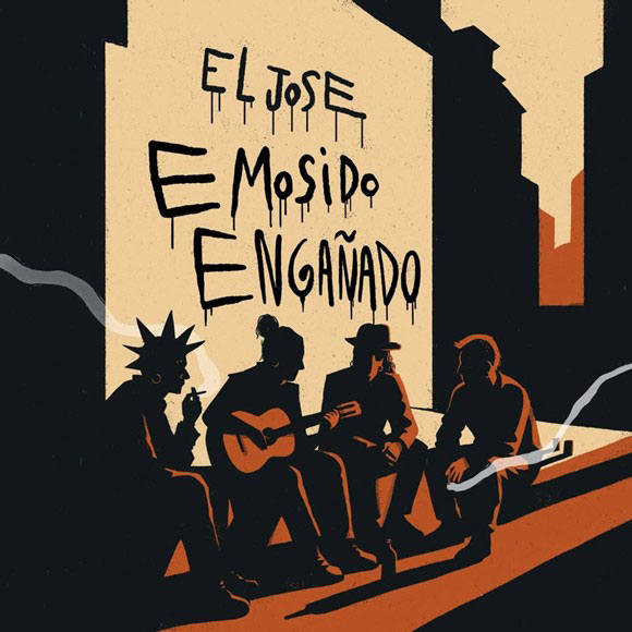 The single cover for "Emosido Engañado" by El Jose features a shadowy illustration of four street musicians sitting against an urban backdrop. One plays a guitar while others smoke or chat, rendered in dark silhouettes with warm orange highlights. The title, scrawled graffiti-style on a wall references a famous Spanish meme phrase with intentionally incorrect grammar.