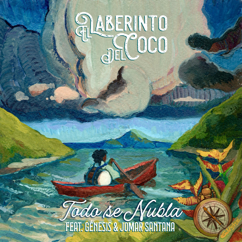 The single cover for “Todo Se Nubla” by El Laberinto del Coco (featuring Génesis & Jomar Santana) is a colorful illustration. It depicts a lone figure paddling a red canoe through lush, tropical waters toward a distant horizon. Towering storm clouds loom above. Rich greens, blues, and earthy tones dominate the palette. In the foreground, a compass lies near tropical foliage.