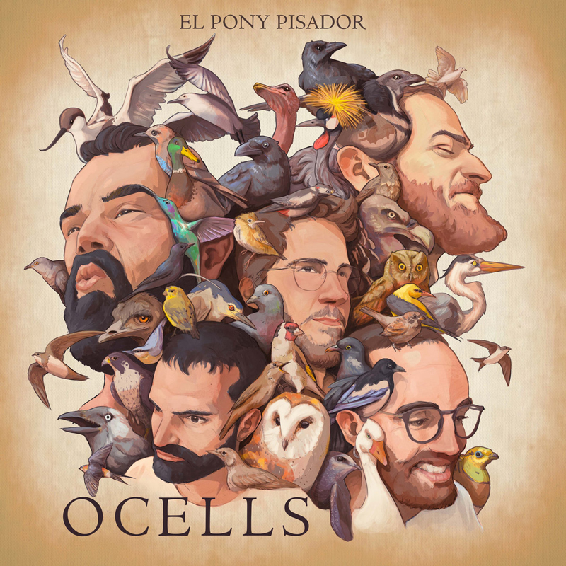 El Pony Pisador - Ocells cover artwork. an illustration of the band members along with various types of birds.