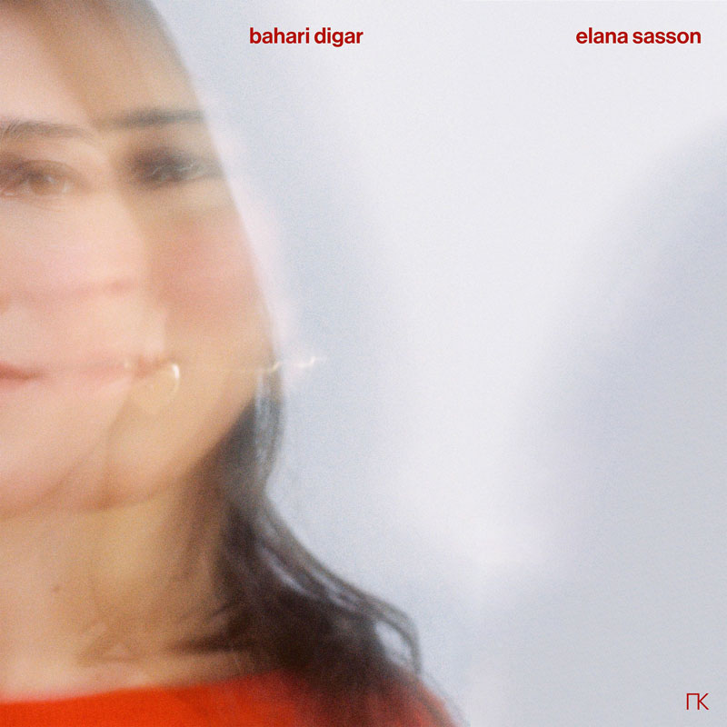 appears in motion. She wears a red top, providing a subtle contrast against the pale backdrop. The title Bahari Digar and artist's name Elana Sasson in a small red font at the top corners. A small, discreet signature or logo in the bottom right corner completes the design.