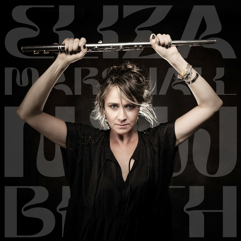 Eliza Marshall - New Birth cover artwork. Eliza holding a flute above her head.