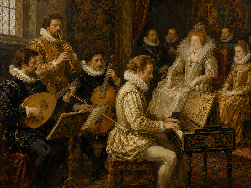 Elizabethan court musicians playing period instruments in front of the queen. AI generated.