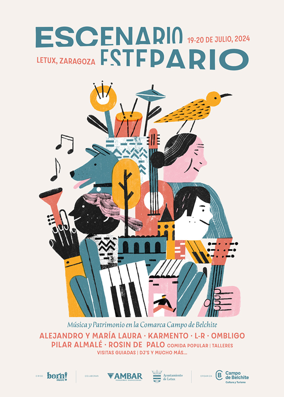 Escenario Estepario 2024 poster. A Cubist illustration with a mix of faces and musical instruments.