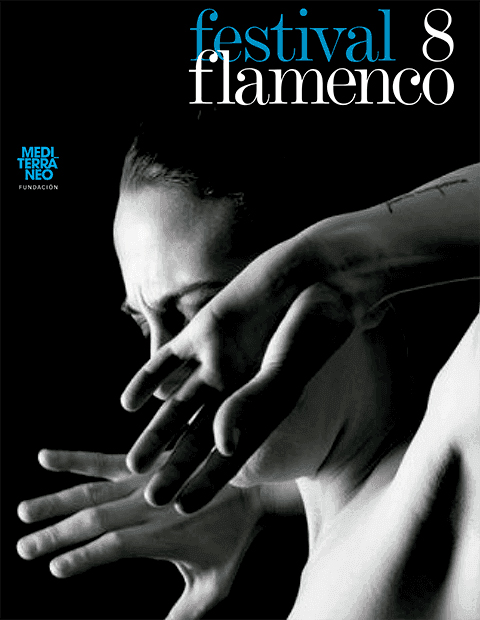 VIII Flamenco Mediterráneo Festival poster. A black and white photo of a female dancer highlighting her hands.