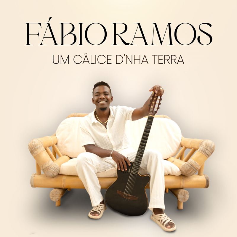 Fábio Ramos Um Calice D'Nha Terra cover artwork. Ramos sitting on a sofa holding his guitar.