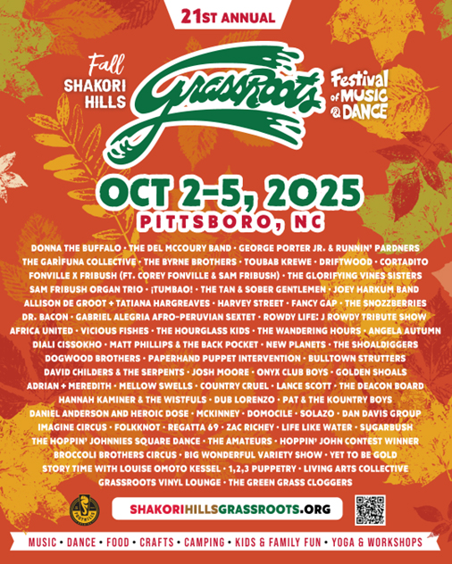 Fall Shakori Hills GrassRoots Festival of Music 2025 lineup poster. Orange-red background.