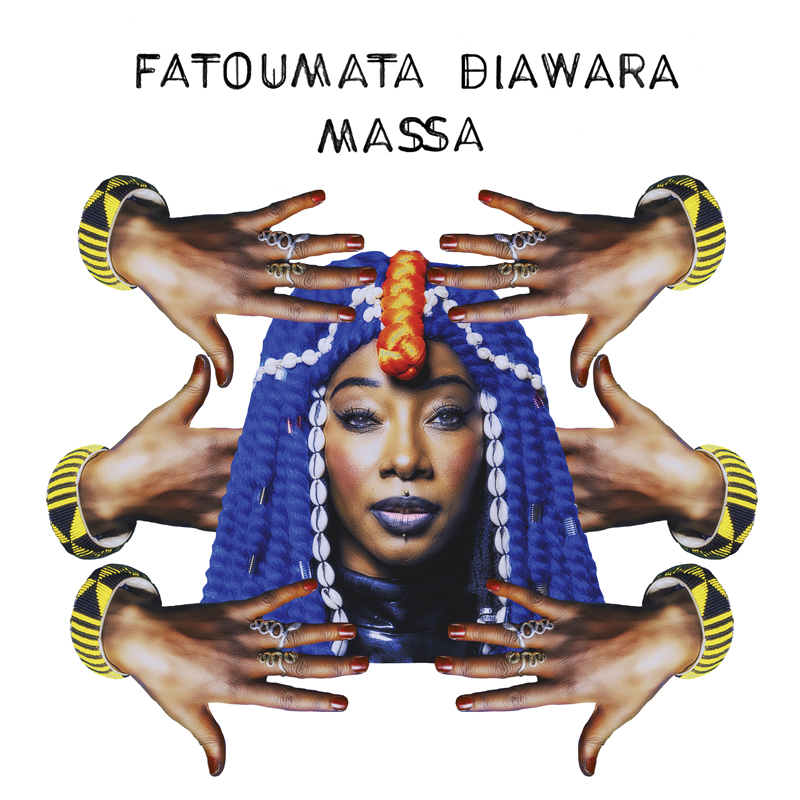 Fatoumata Diawara - Massa cover artwork. a headshot of Fatoumata with blue hair surrounded by six hands with bracelets.