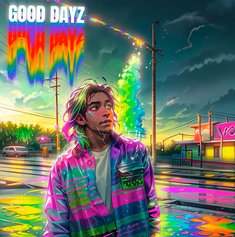 This single cover for Good Dayz features a young man with multicolored, neon-tinted hair and a reflective, iridescent jacket, standing under a moody, dusk-lit sky. Electric blues, magentas, and yellows bleed and melt into the surroundings. A rainbow-like streak pours from a power line, cascading down in liquid form. Urban setting, with a diner glowing in the background and wet streets reflecting the hues. The typography of Good Dayz mirrors the melting effect.