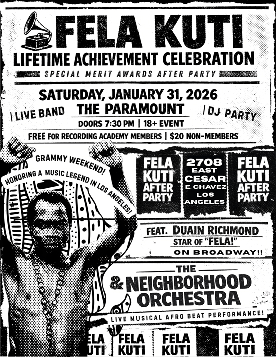Fela Kuti Grammy Tribute celebration concert black and white poster