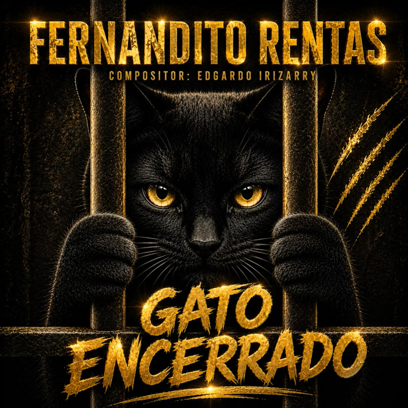 Fernandito Rentas Gato Encerrado cover artwork. A black cat behind prison bars.