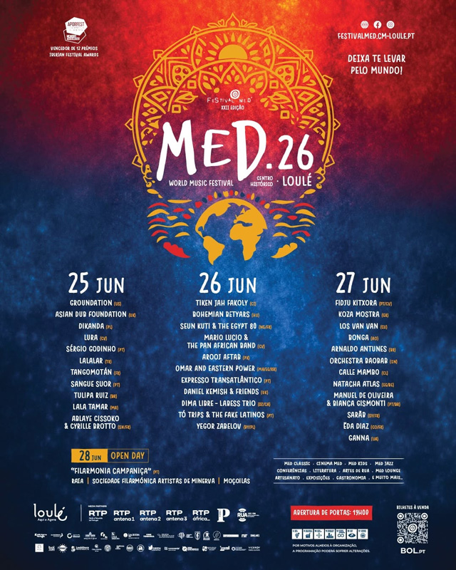 Festival Med 2026. A red-to-blue gradient background. A large golden mandala dominates the center. The festival name “MED 26” appears prominently in white lettering. A globe beneath the title. The slogan in Portuguese, “Deixa-te levar pelo mundo!” (“Let yourself be carried around the world!”), appears in the upper-right corner.