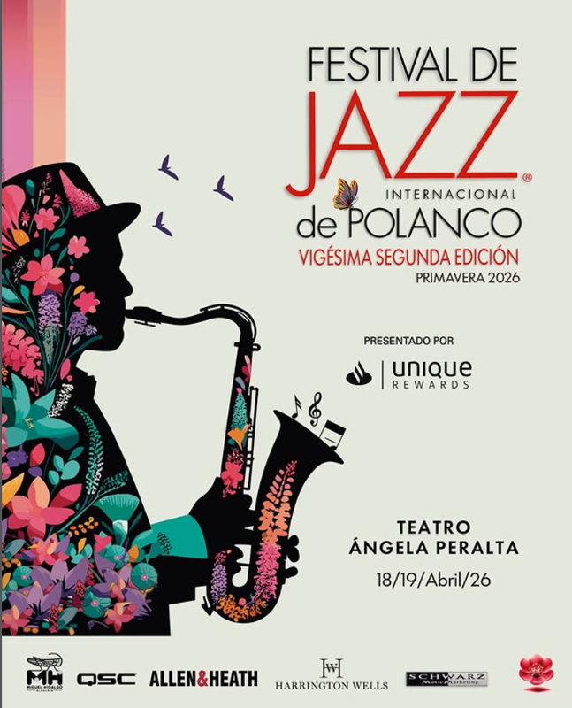 Festival Internacional de Jazz de Polanco 2026 poster. An illustration of a man playing a saxophne.