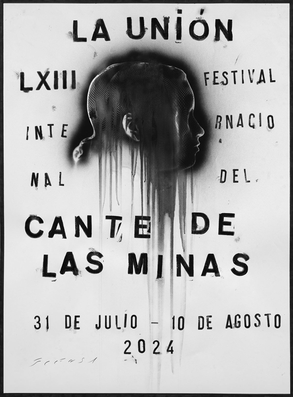 Festival del Cante de las Minas de La Unión 2024 poster. A black and white design with a woman's head.