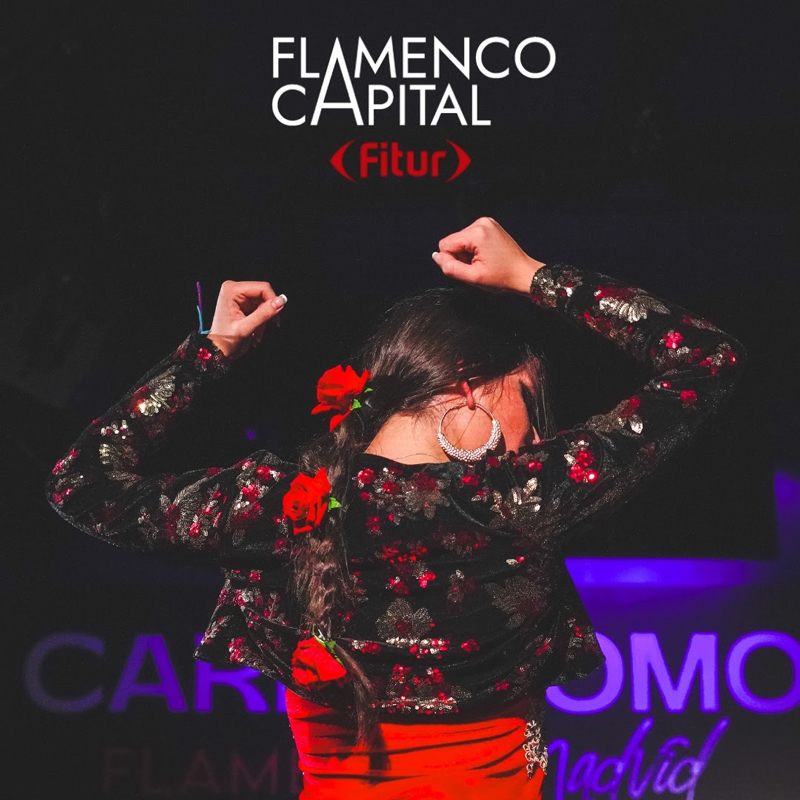 The poster for Flamenco Capital - FITUR prominently features a female flamenco dancer captured from behind. She wears a floral-patterned black blouse and a bright red skirt, complemented by red flowers in her braided hair. The event name Flamenco Capital and the logo for Fitur are displayed boldly at the top.