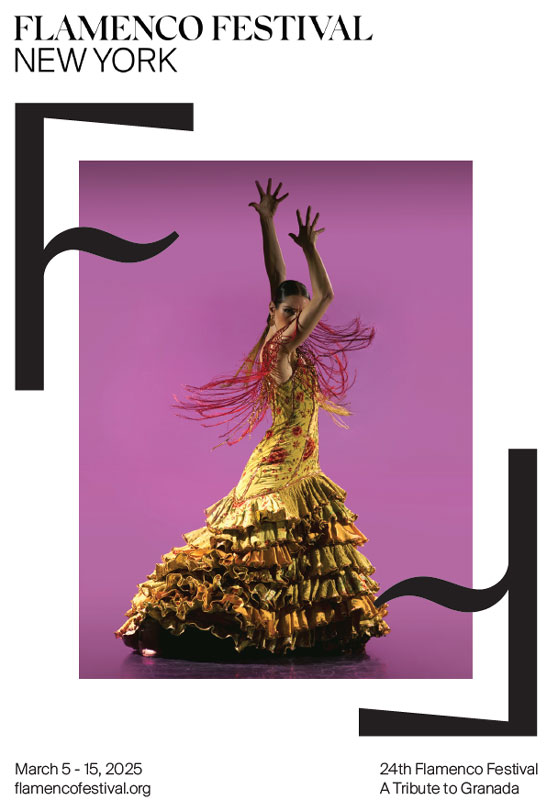 Flamenco Festival New York 2025 poster. A photo of a female flamenco dancer in a yellow dress.