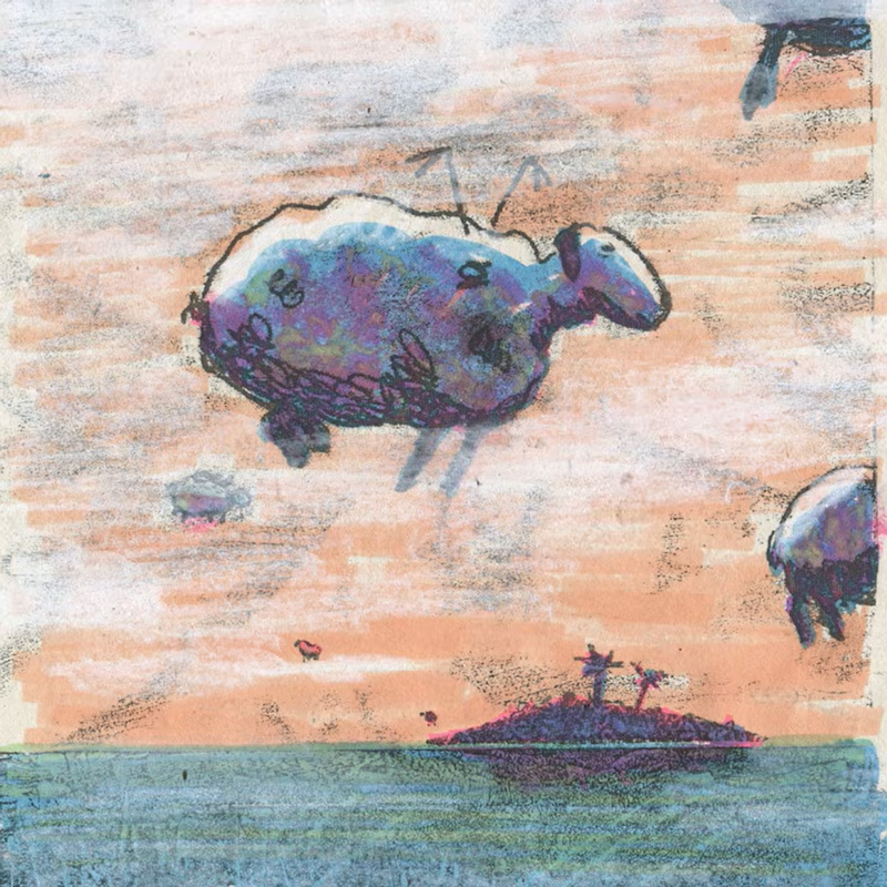 Turkish Kawabanga Floating Sheep cover artwork. An illustration of floating sheep over a tropical island.