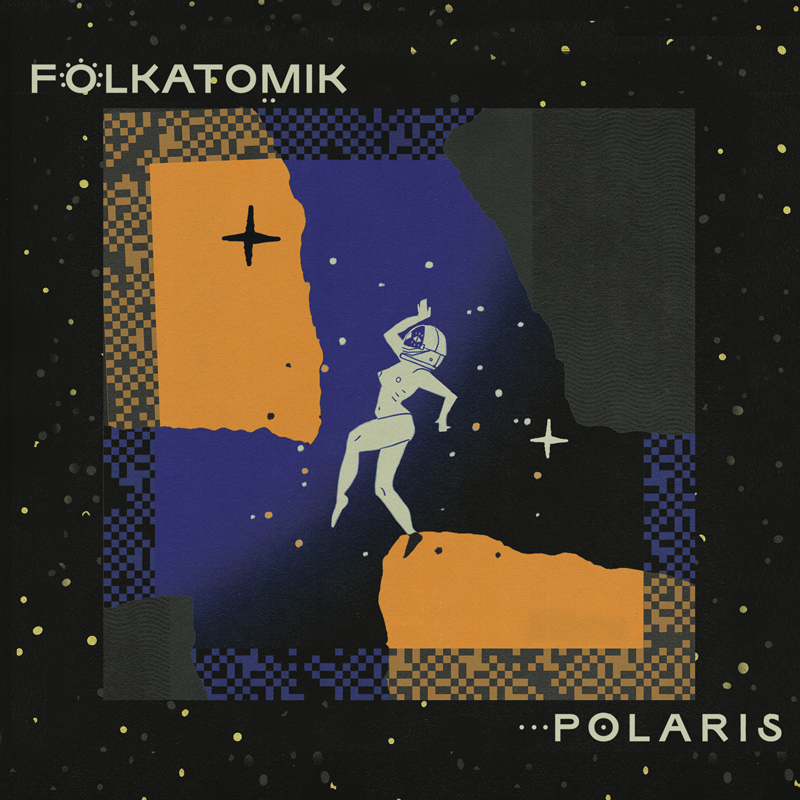 The album cover for Polaris by Folkatomik features at the center a nude figure wearing a space helmet. It floats against a starry, abstract backdrop of deep blue, orange, and black. Pixelated borders and textured blocks, while bold typography spells out the band name and album title in uppercase letters.