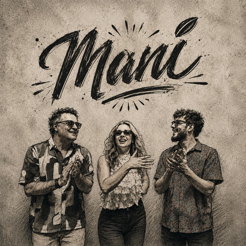 Fran Cortés Maní. The cover features a sepia-toned, hand-drawn illustration of the three performers standing side by side beneath the title “Maní” in large brush-style lettering. The central figure smiles while gesturing with one hand, while the two figures on either side handclap and interact with her.