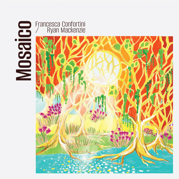 The cover for Mosaico shows a forest scene filled with twisting orange and yellow trees around a glowing sun. Green vines and purple flowers add contrast, while the lower half reveals water reflecting the light. The artists’ names sit at the top right, with the album title printed vertically along the left.