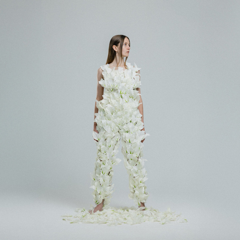 Frankie Archer - Pressure and Persuasion cover artwork. The artist standing, wearing a white outfit covered with white feathers or flower petals.