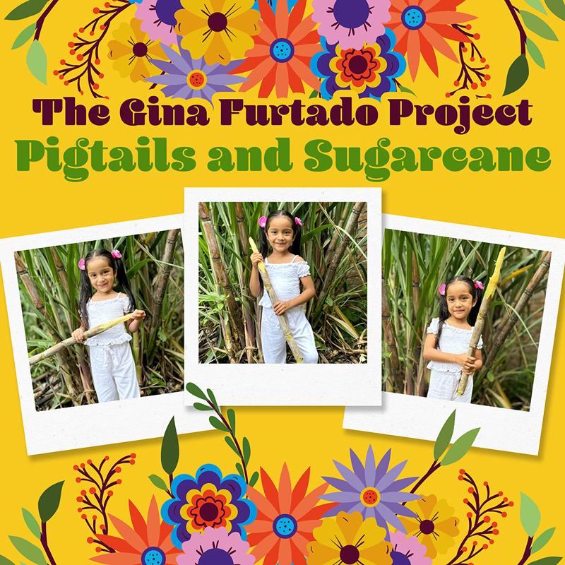 Gina Furtado Project - Pigtails and Sugarcane single artwork. Three photos of a little girl with a yellow background.