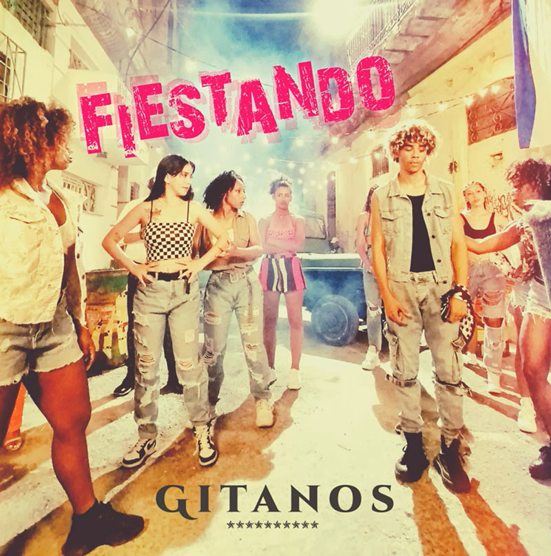 Gitanos Fiestando cover artwork. A photo of young Cuban women and one man in the street.