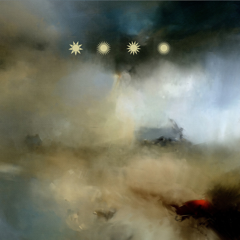 A hazy landscape filled with drifting clouds in muted browns, grays, and blues. Four sun icons line up near the top, each slightly different in shape. A faint hint of red appears in the lower corner.