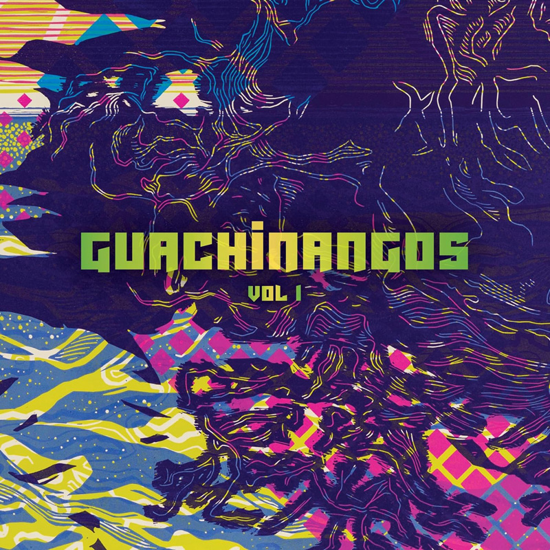 Guachinangos - Vol. 1 cover artwork. A cover featuring abstract neon line art and geometric patterns in purple, blue, pink, yellow, and green. Lime-green text across the center reads “GUACHINANGOS,” with “VOL 1” underneath.
