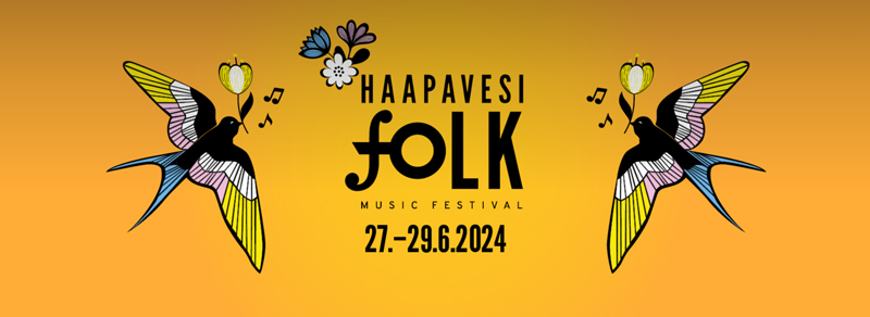 Haapavesi Folk Music Festival 2024 banner. A yellow background with two birds carrying flowers towards the middle.