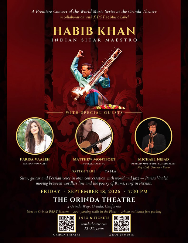 Habib Khan and Parisa Vaaleh concert poster. Photos of four of the artists featured.