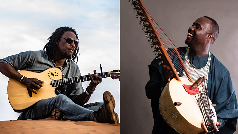 Habib Koité & Sura Susso. Two photos. Each musician playing his musical instrument.