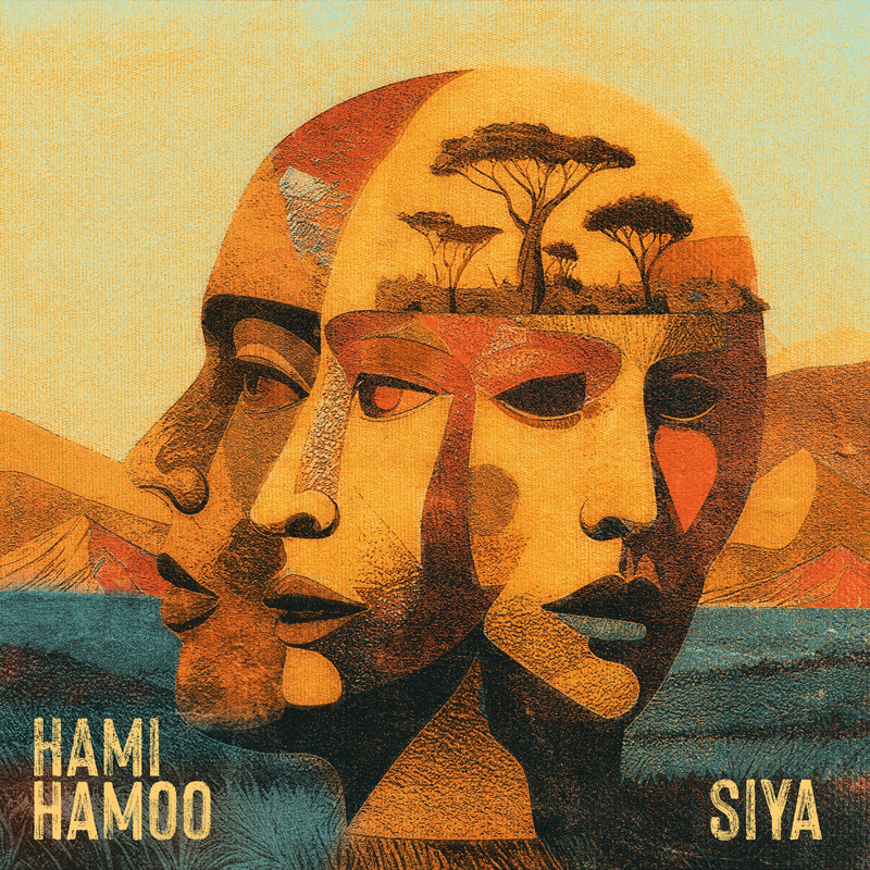 The cover for Hami Hamoo Siya shows a trio of overlapping faces in ochre and rust tones. Acacia-like trees sit inside the head of the central figure. The background moves from arid hills to deep blue water.