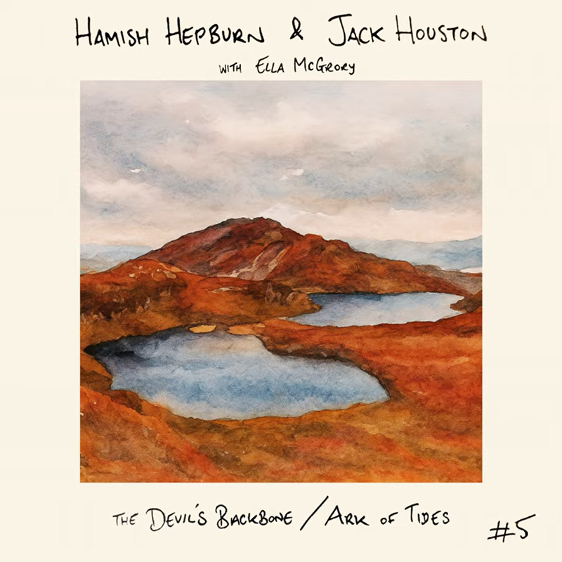 A watercolor landscape dominates the cover, showing rust-colored hills circling calm blue lochs beneath a clouded sky. Handwritten names of the artists frame the scene, while the title The Devil’s Backbone / Ark of Tides appears below.