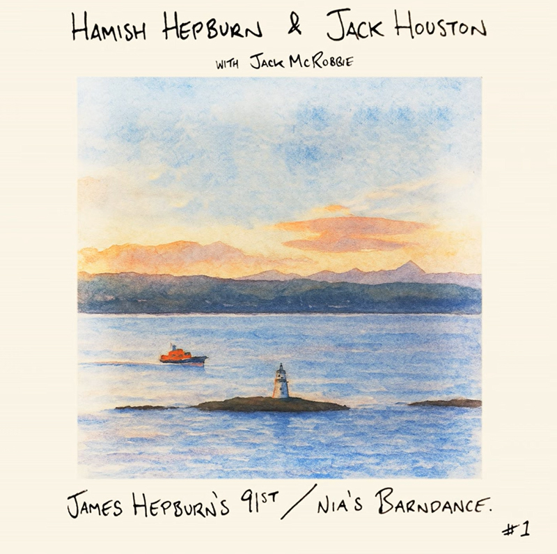 The single cover features a soft, watercolor-style seascape at sunset, with a small lighthouse on a rocky islet in the foreground and a red boat gliding across calm waters. In the background, distant mountains rise beneath a pastel sky. Handwritten text at the top reads “Hamish Hepburn & Jack Houston with Jack McRobbie,” while the title, James Hepburn’s 91st / Nia’s Barndance, appears at the bottom.