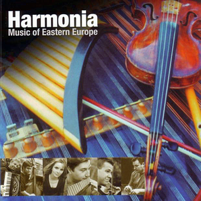 Harmonia 'Music of Eastern Europe' cover artwork. a collage of musical instruments and musician photos.