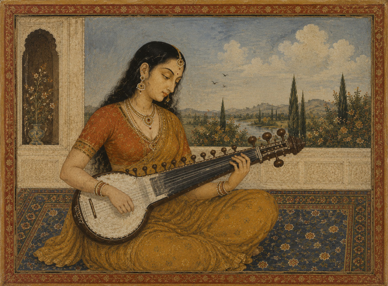 Indian woman playing sarod mini portrait. AI generate illustration.