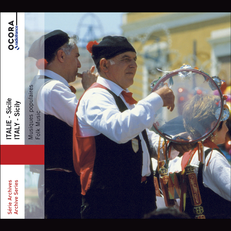 Various Artists - Italy - Sicily, Folk Music cover artwork. a photo of folk musicians playing frame drums in traditional clothes.