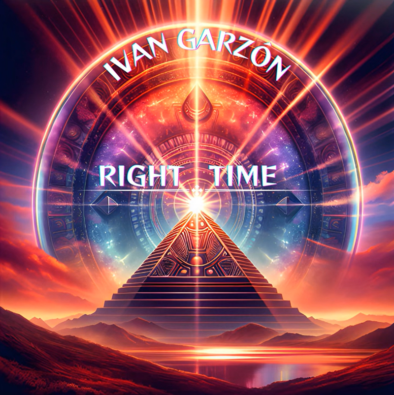 The single cover for Ivan Garzón – Right Time features a cosmic design centered on a radiant pyramid emitting beams of light. Behind it, a celestial mandala or astrological clock glows with vivid purples, oranges, and blues. The artist's name arcs across the top in futuristic, stylized text, while the title Right Time appears boldly at the pyramid’s apex, aligned with the light burst. Framed by mountainous landscapes and a mirrored lake.