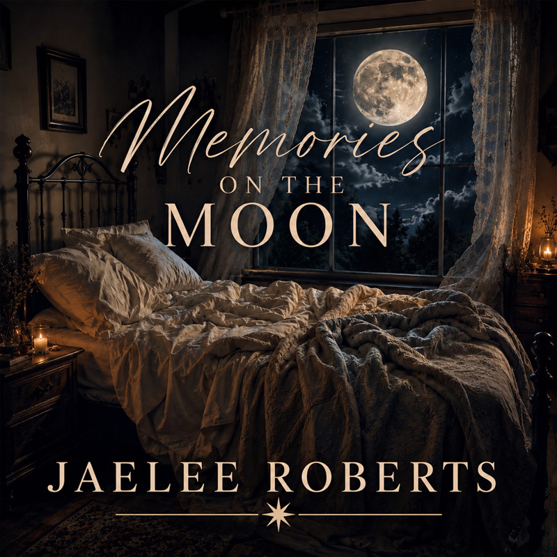 Jaelee Roberts Memories on the Moon cover artwork. A moonlit bedroom fills the scene, with an unmade bed beside a large window framing a full moon and drifting clouds.
