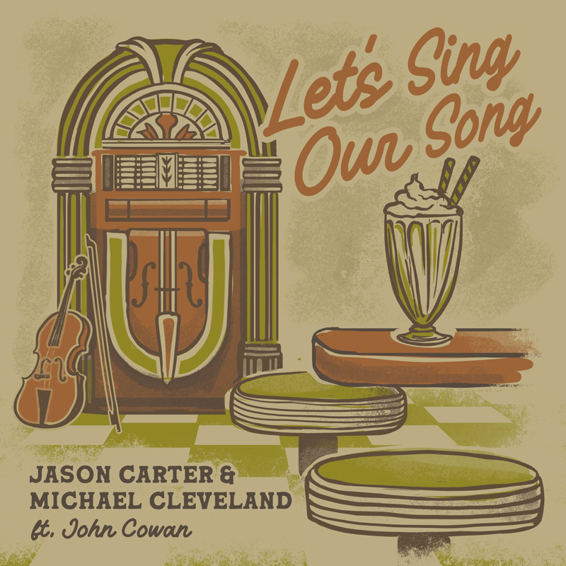 A retro illustration featuring a classic jukebox as the centerpiece, flanked by a fiddle and bow. To the right, a milkshake sits on a small table beside round stools on a checkered floor.