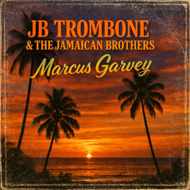 Jb Trombone Marcus Garvey cover artwork. A tropical sunset with the sun disappearing bhind a water hotizon and three palm trees.