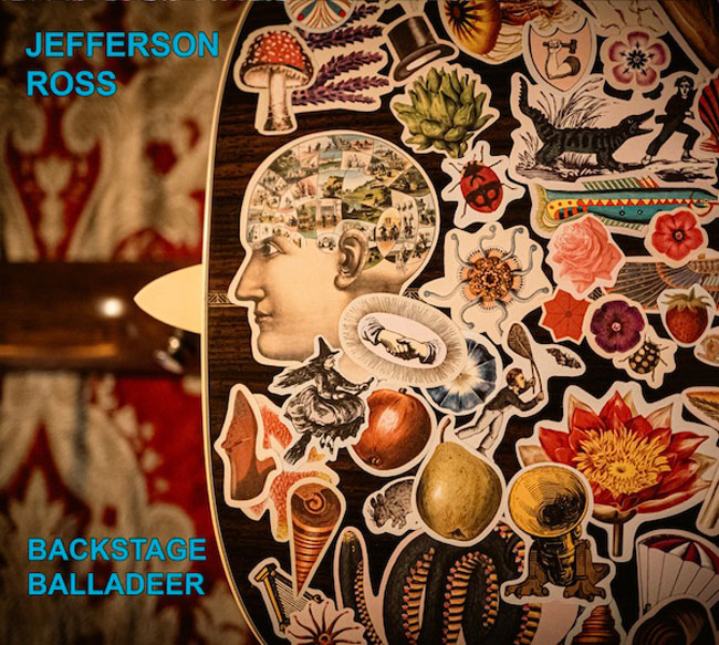 A collage fills the cover, centered on a vintage side-profile head whose interior reveals miniature scenes and memories. Surrounding it, colorful cutout illustrations of flowers, insects, fruit, animals, and objects spill across a guitar-like surface. Reds and browns in the background.