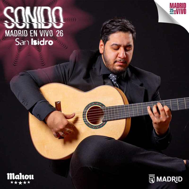 Jesús “El Sabas” concert poster. A photo of Jesús “El Sabas” playing guitar.
