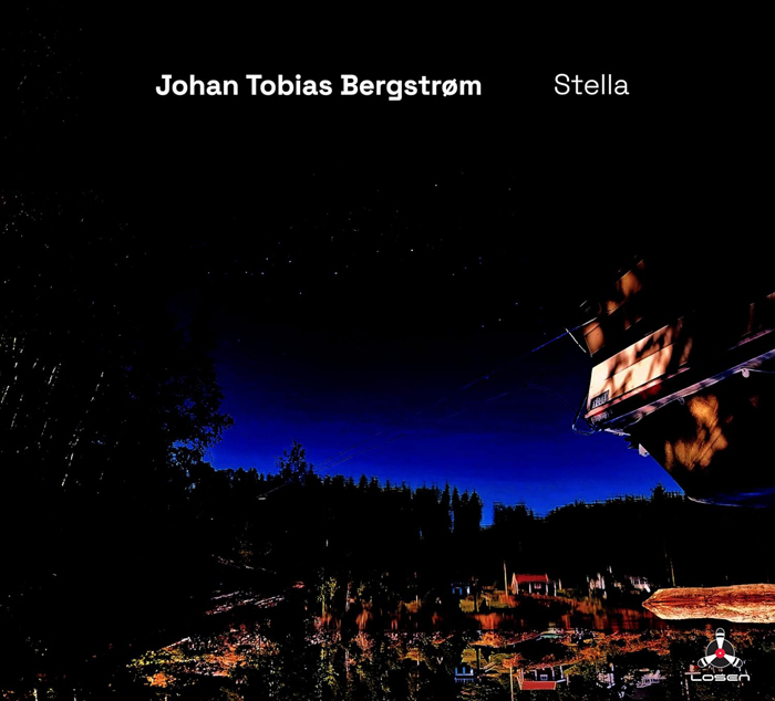 The cover for Stella by Johan Tobias Bergstrøm presents a night sky above a lakeside community. A dark treeline runs across the horizon and the water reflects small houses with lights. A boat appears in the upper right corner.