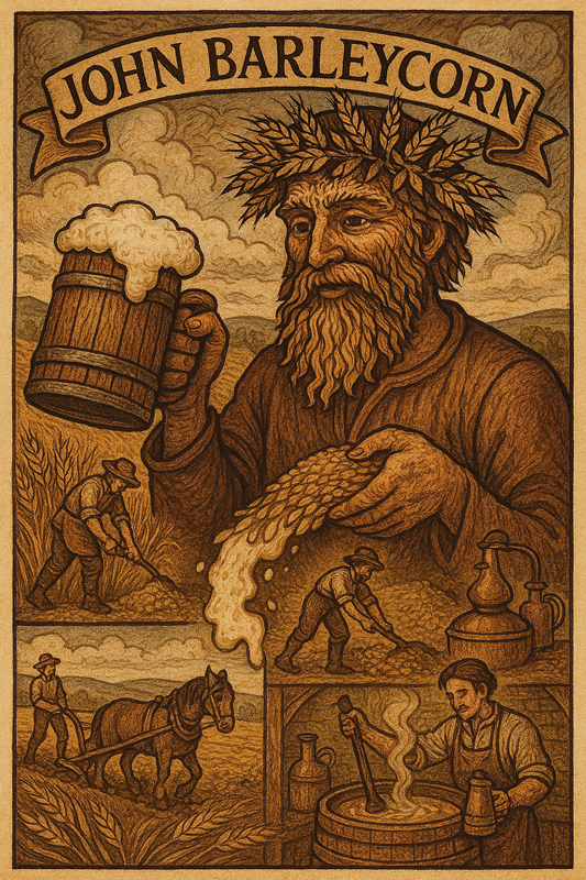 The image shows John Barleycorn as a rustic, bearded figure with barley stalks woven into his hair and beard. He holds a frothy mug of nut-brown ale, standing at the center. Around him, a circular composition illustrates the full brewing process: sowing the grain, harvesting, malting, fermenting, and finally, the pouring of ale. The style resembles an old woodcut or vintage folk-art print, with warm, earthy tones and detailed, symbolic elements.
