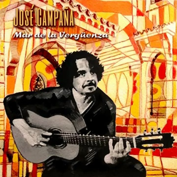 José Campaña - Mar de la vergüenza cover artwork. the artist playing guitar over an orange-yellow collage.